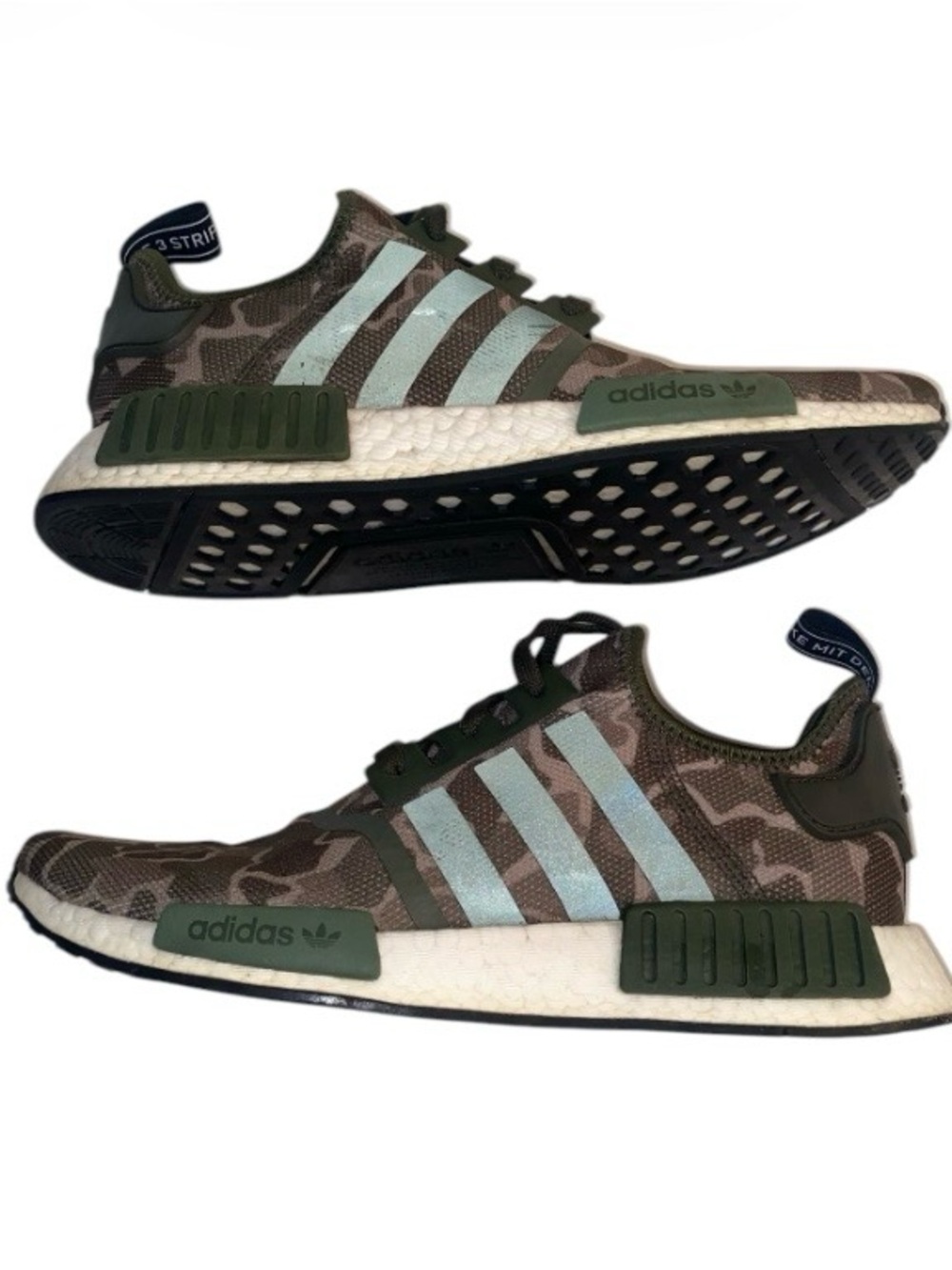 adidas Men’s NMD R1 Camo in Olive with Mint Three Stripes